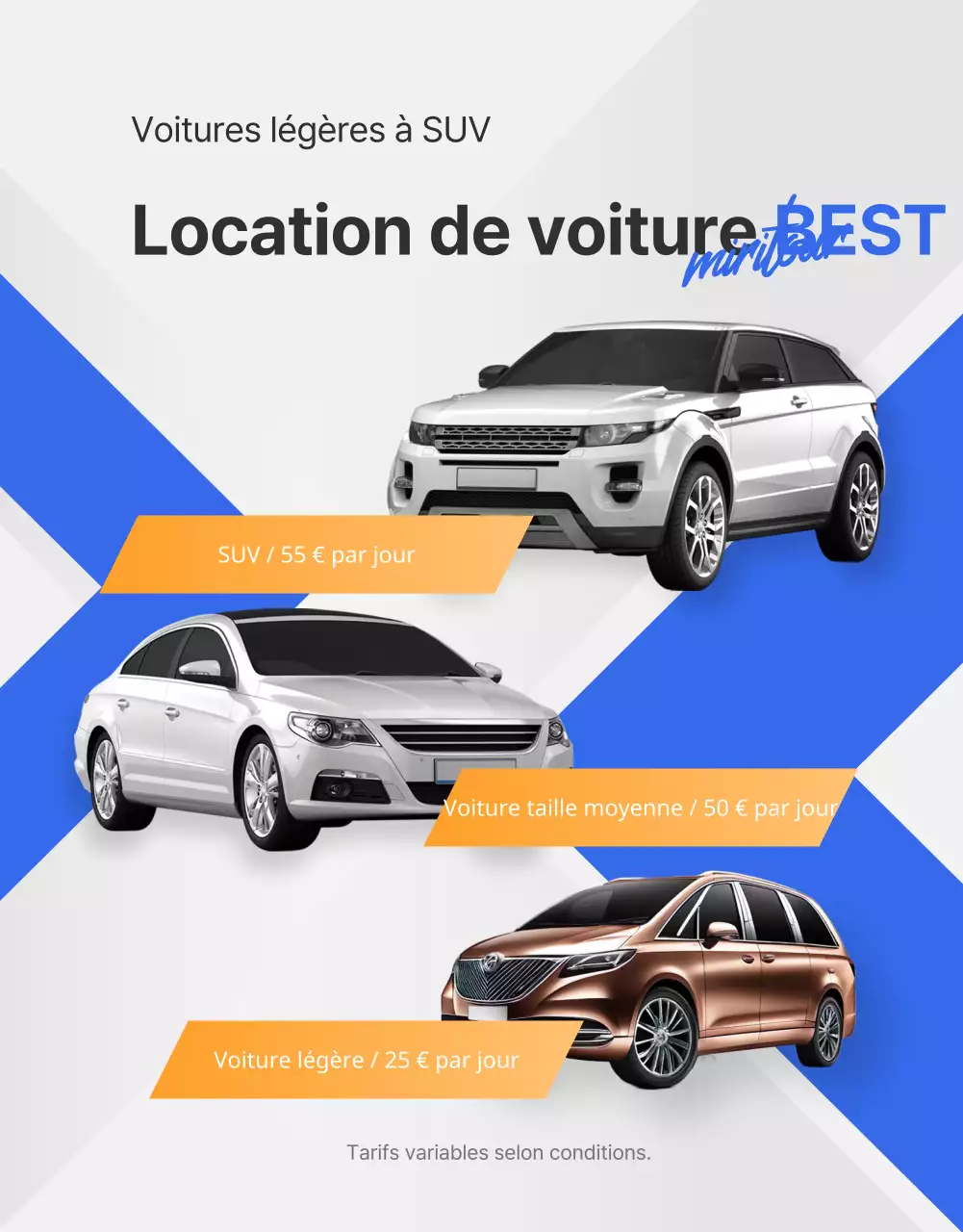 Annonce simple d'une agence de voyage pour la location d'une voiture en bleu et orange