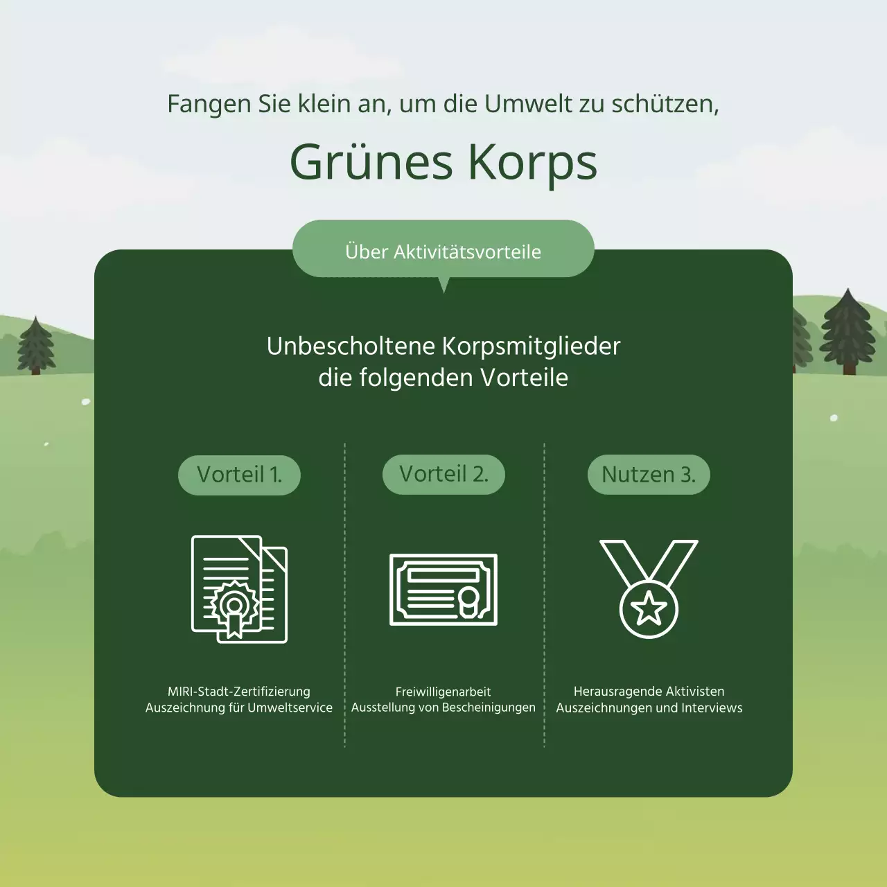 Eine einfache grün-weiße Beschreibung für die Einstellung von Studenten als Freiwillige