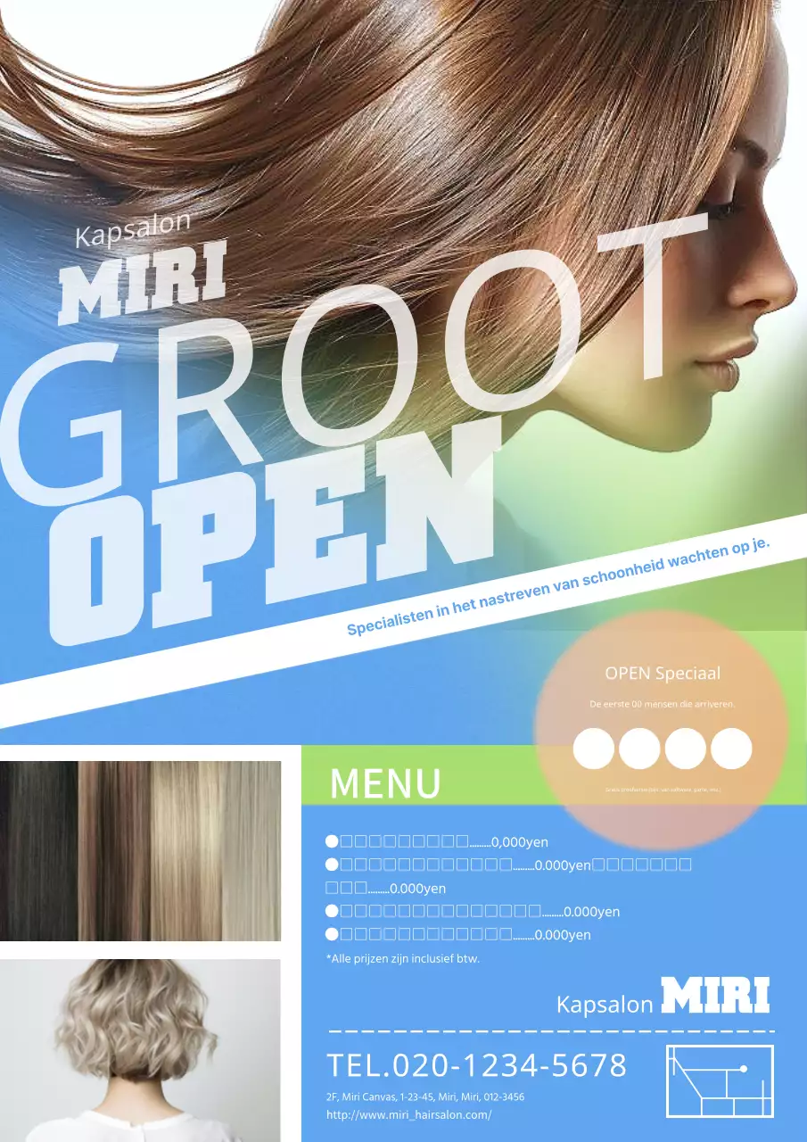 Een moderne, pop en eigentijdse kapsalonreclame in blauw en groen kleurenschema.