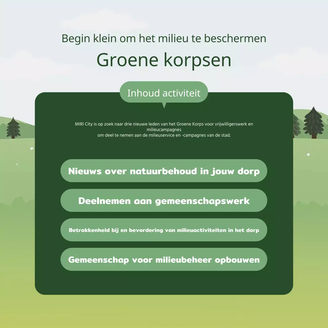 Een eenvoudige groen-witte beschrijving voor het werven van studentenvrijwilligers