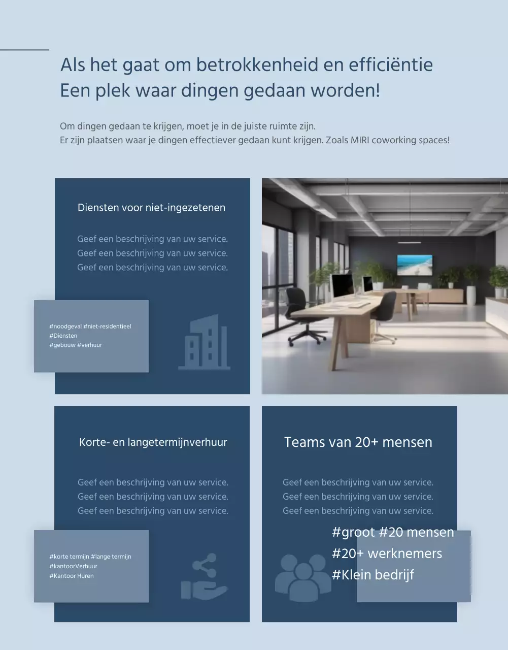 Een blauw-witte coworkingruimte promoten