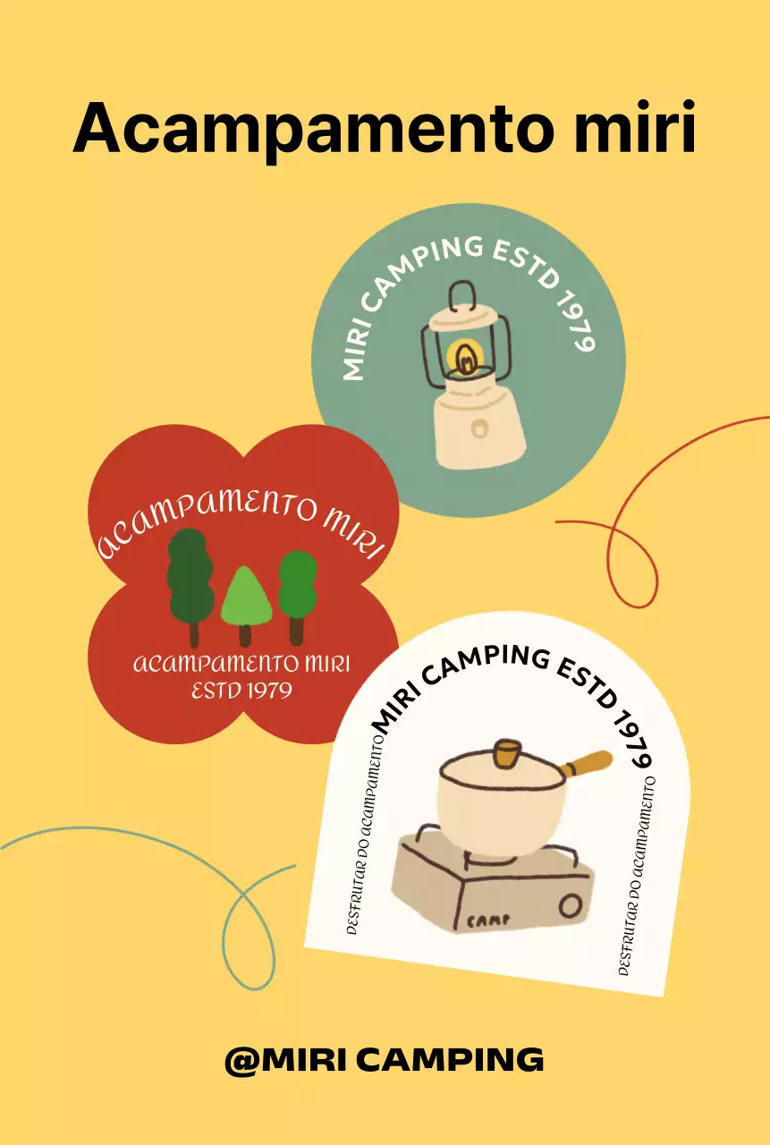 Parque de campismo com várias formas e imagens de acampamento desenhadas à mão