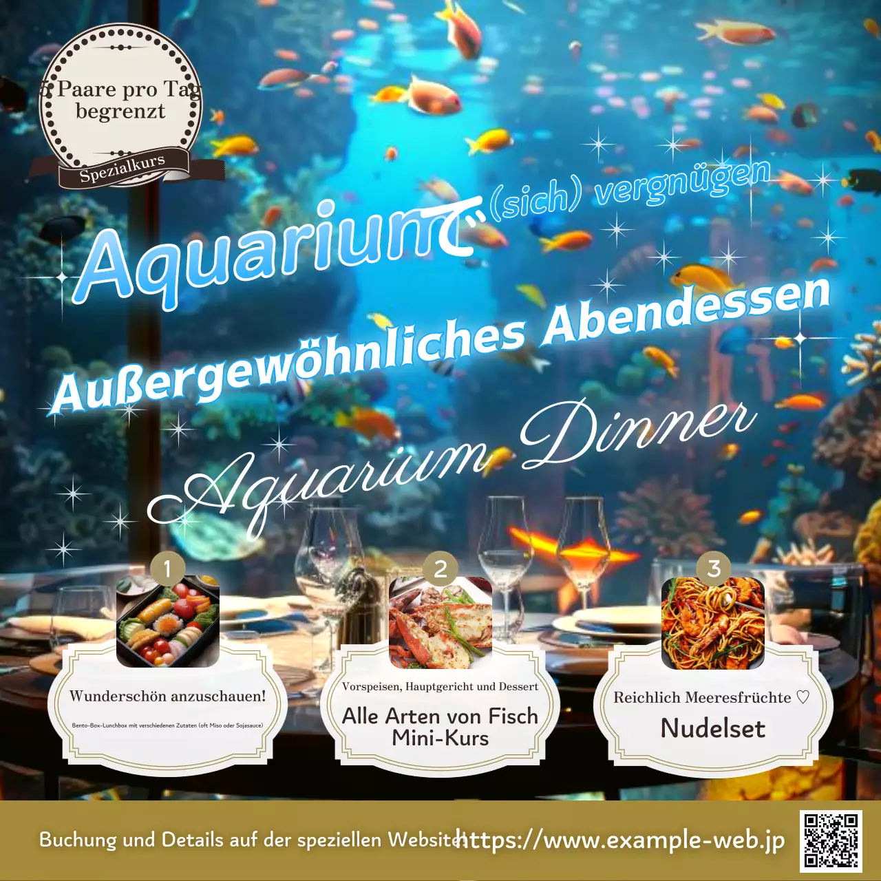 Hinweis, um Kunden für eine Abendveranstaltung in einem schicken Aquarium in Hellblau und Gold zu gewinnen.