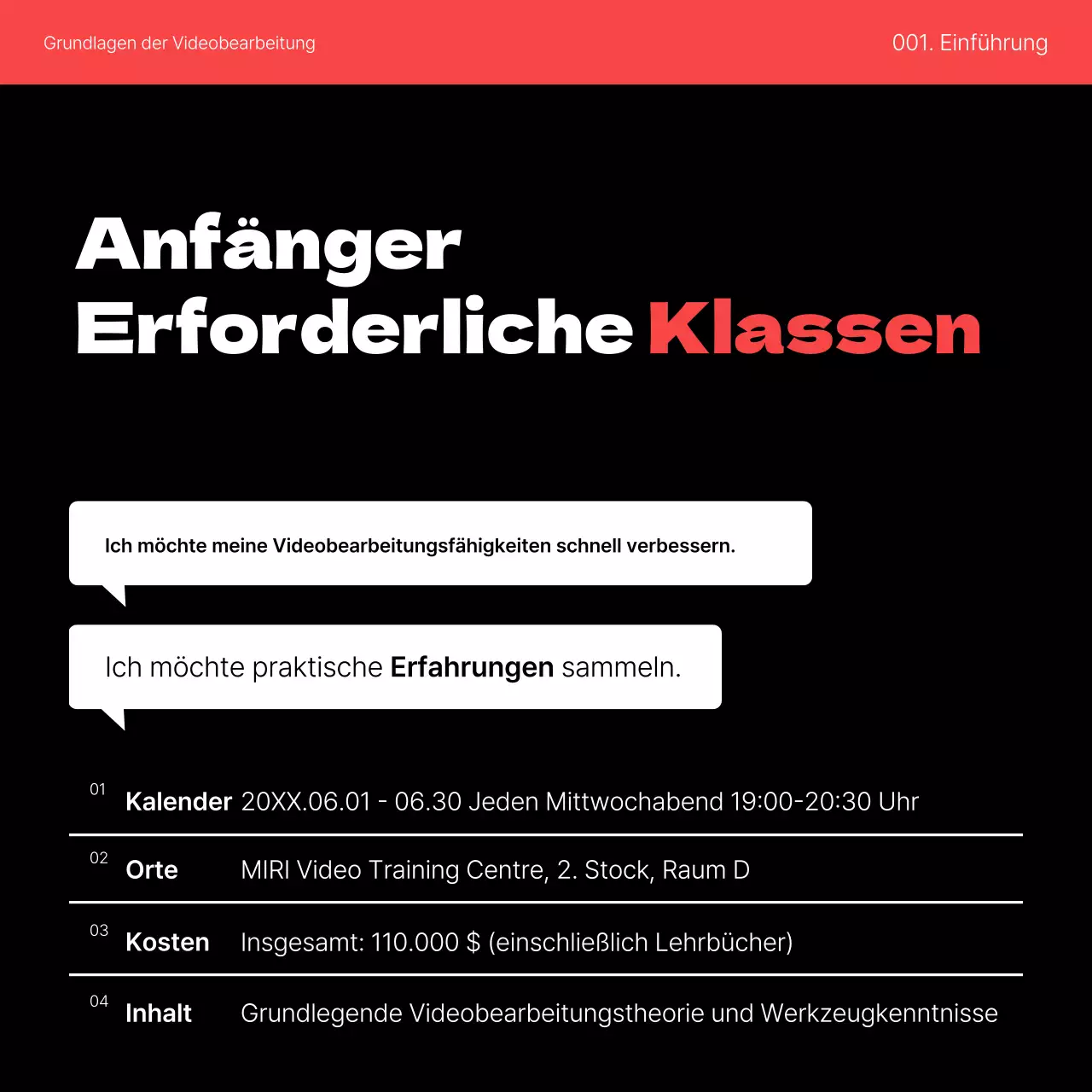 Förderung eines einfachen rot-schwarzen Videoschnittkurses zur Selbstverbesserung