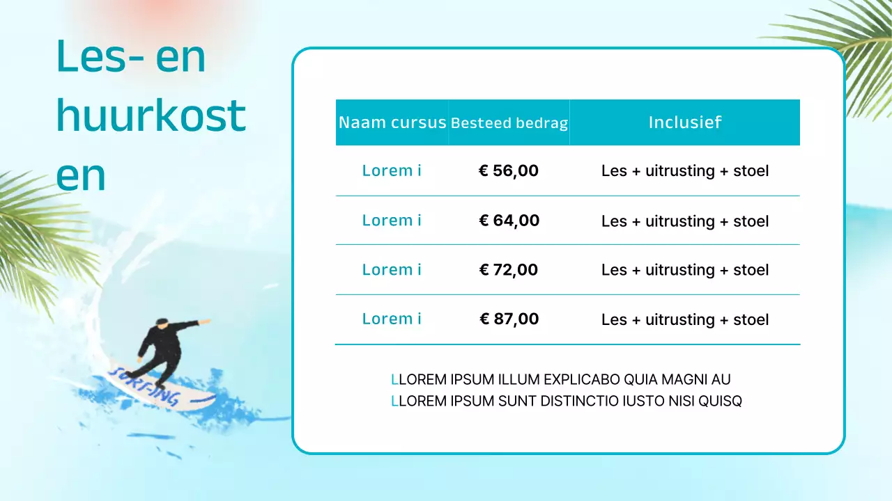 Aankondiging voor de plaatsing van een surfshop met een tropische uitstraling in mint en blauw