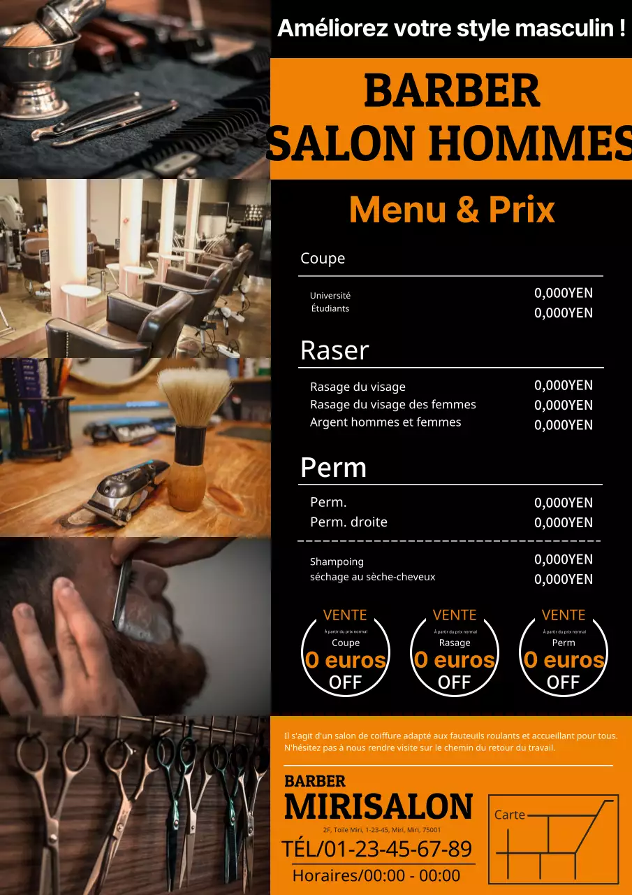 Une publicité simple et moderne pour un salon de coiffure pour hommes, en orange et noir.