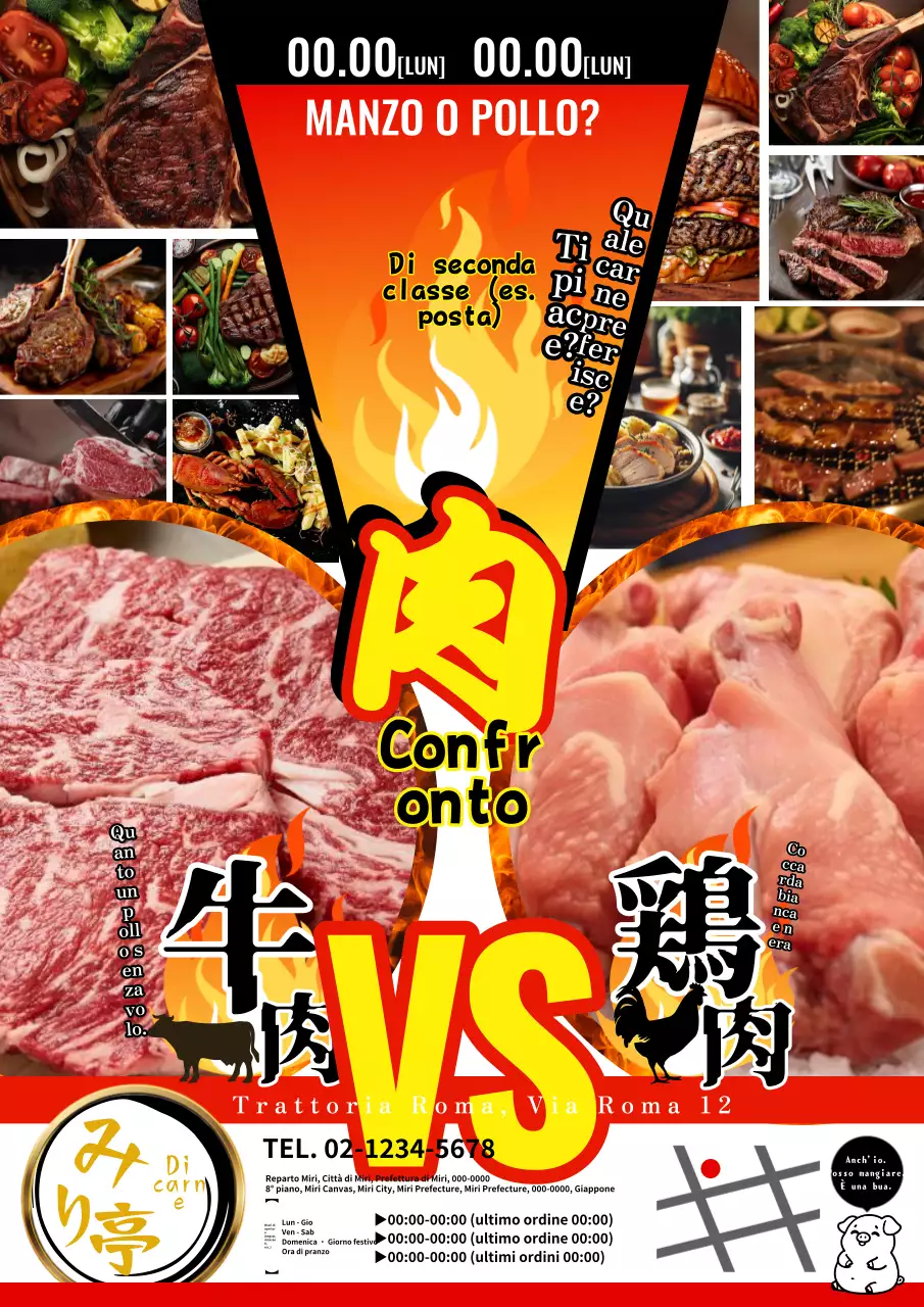 Una pubblicità di un macellaio rosso, entusiasta come un cartone animato