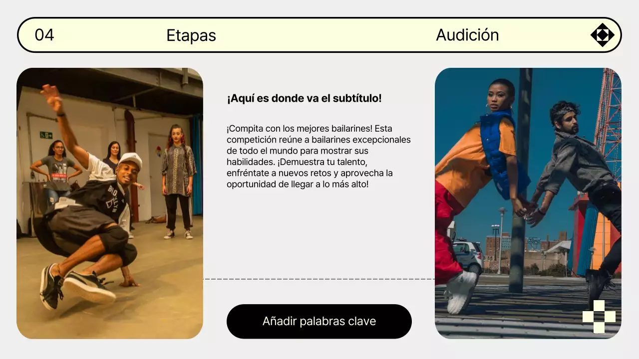 Promociona tu audición de baile con la moderna combinación de colores gris y amarillo