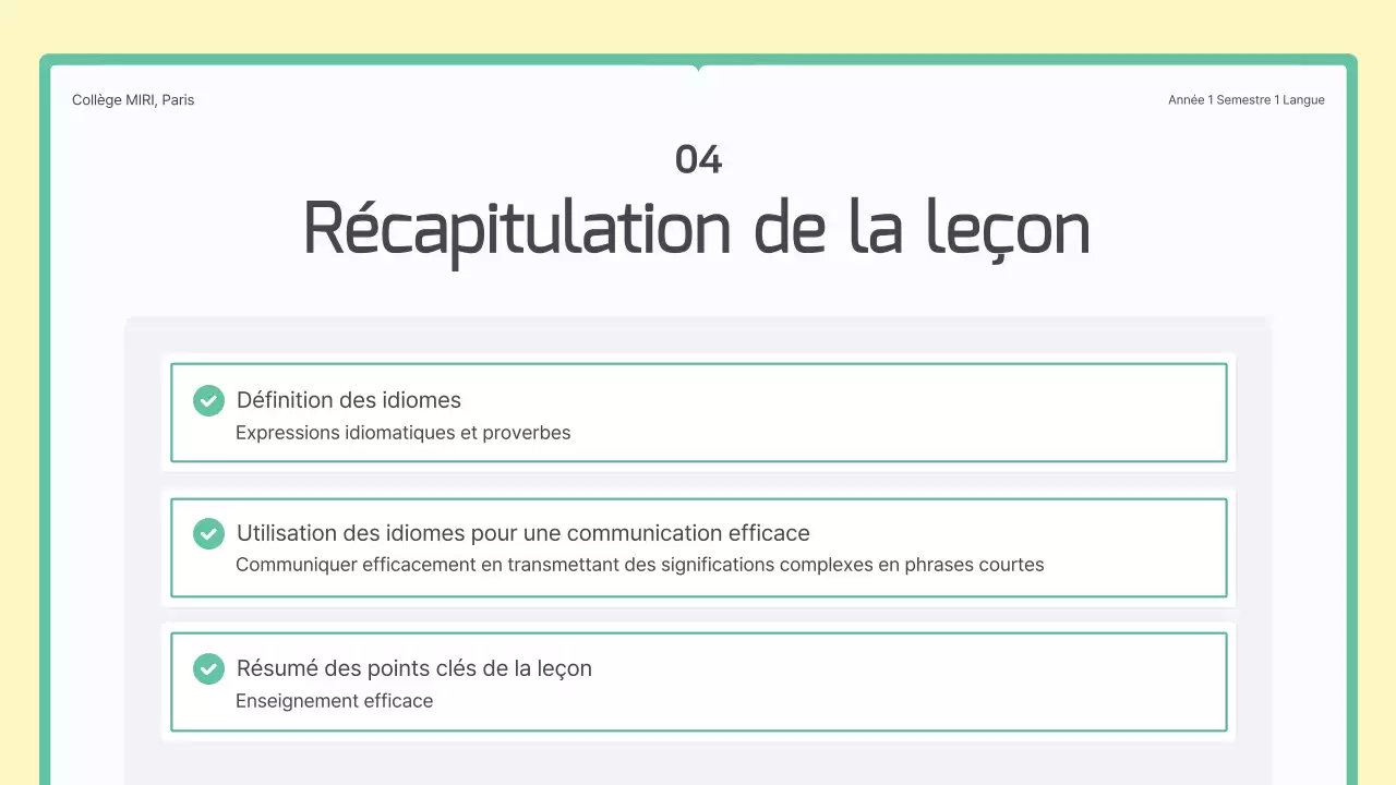 Leçon sur le concept du livre vert et jaune pour les expressions idiomatiques coréennes de l'école secondaire