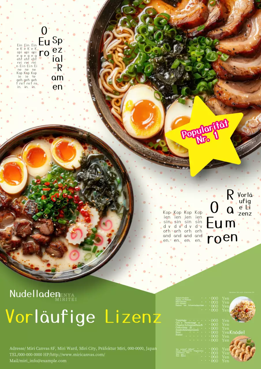 Eine Werbung für die beliebte Speisekarte eines hübschen beige-grünen Nudelladens!