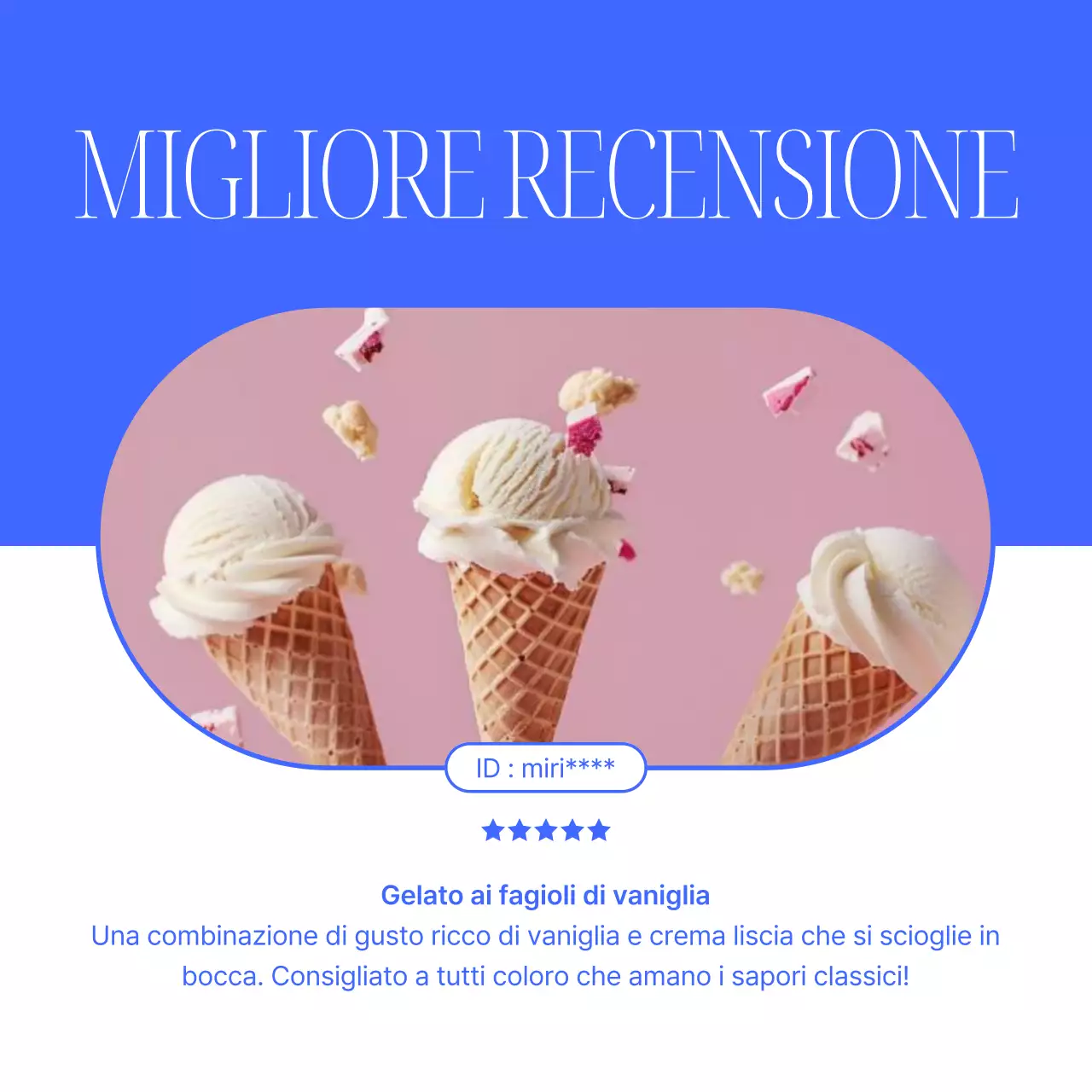 Una semplice pubblicità di lancio di un menu estivo di dessert in blu e rosa
