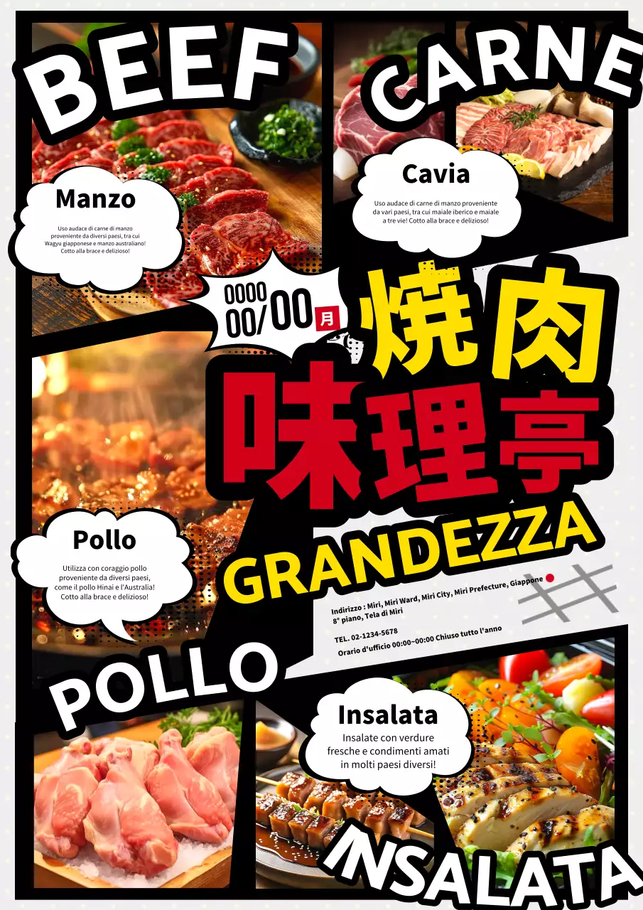 Semplice pubblicità aperta del bulgogi in stile cartone animato nero