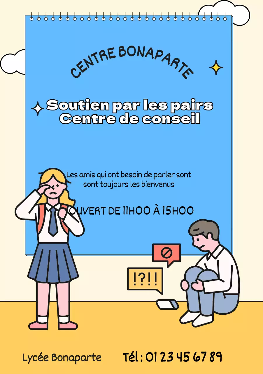 Pour la promotion d'un centre de conseil avec des illustrations bleues et jaunes d'étudiants