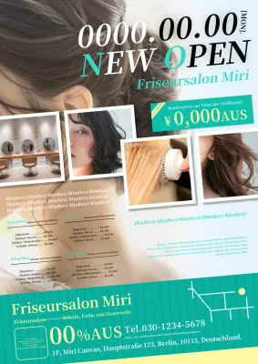 Eine Werbung für einen Friseursalon in Gelb und Mintgrün.