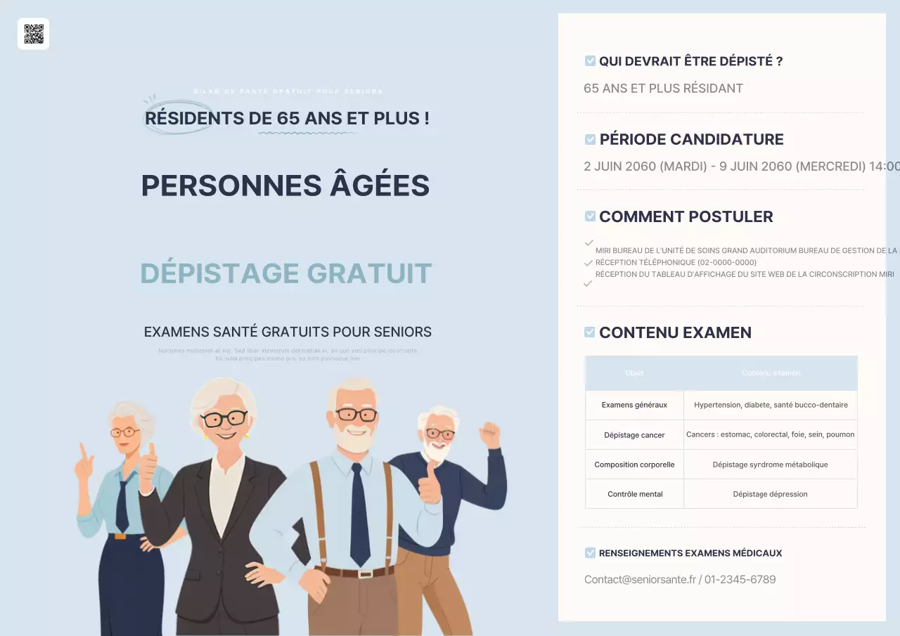 Informations sur les bilans de santé gratuits pour les personnes âgées dans des couleurs simples bleu clair et marron