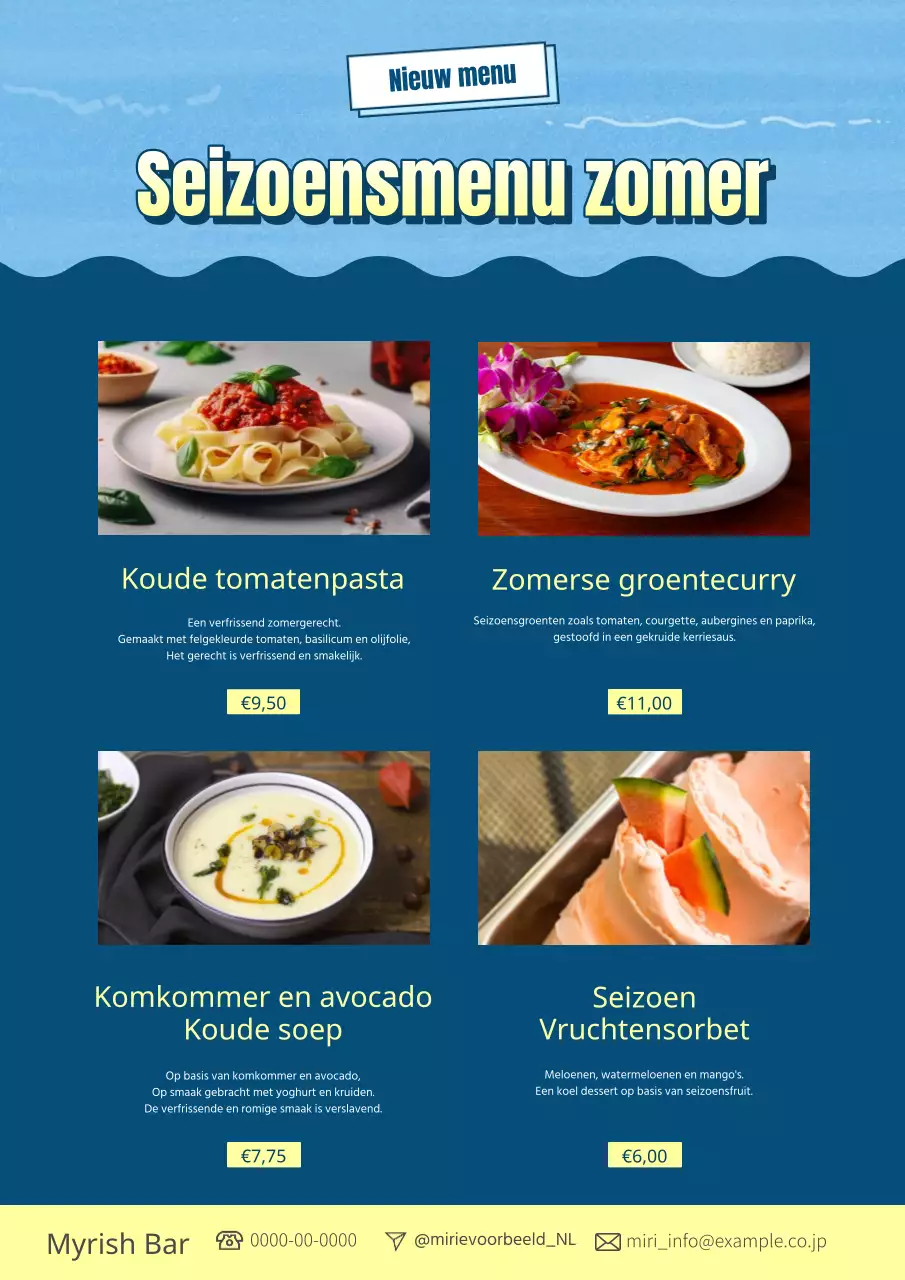 Zomermenu flyer met blauwe en lichtblauwe accenten