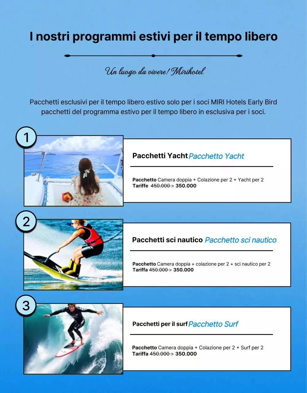 Annuncio kitsch di offerte alberghiere estive in arancione e blu