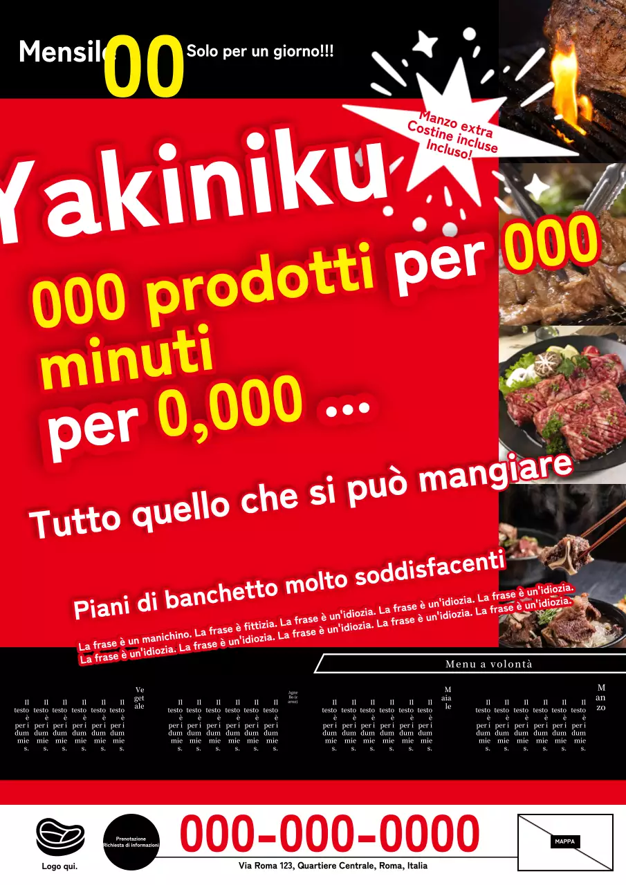 Pubblicità di un piano di banchetti di carne alla griglia in stile Don Chisciotte rosso e nero.