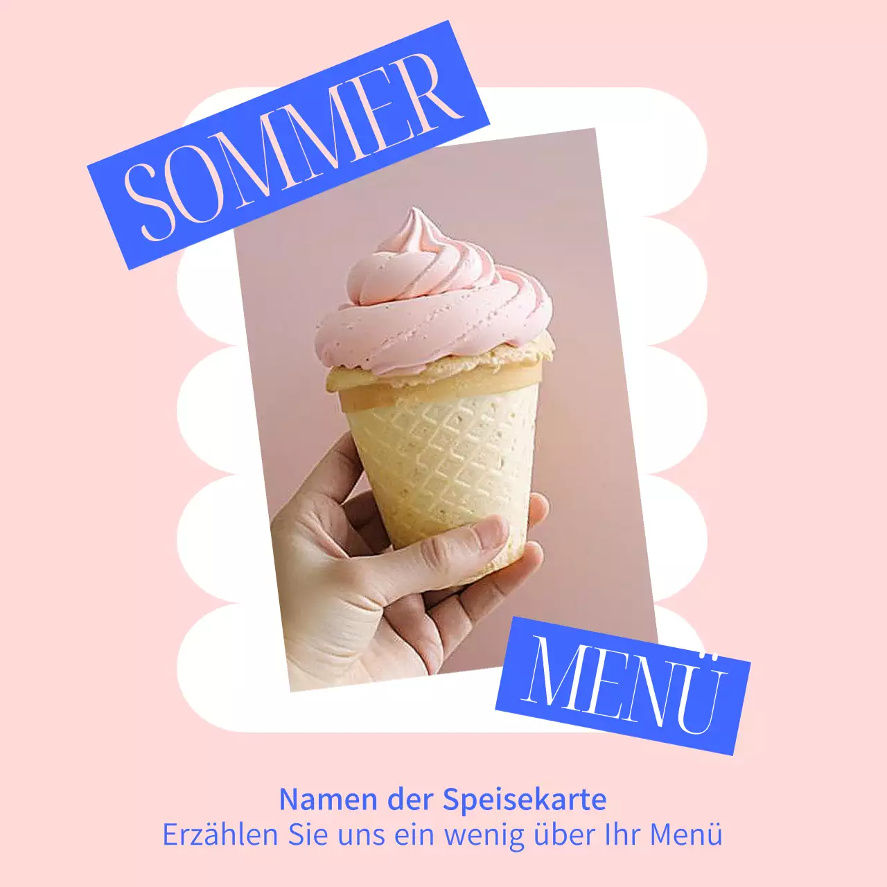 Ein einfaches blaues und rosafarbenes Sommerdessert-Menü als Werbung