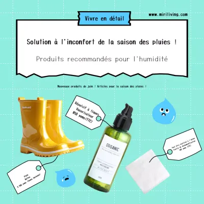 Publicité pour des articles recommandés pour la saison des pluies dans un joli bleu ciel.