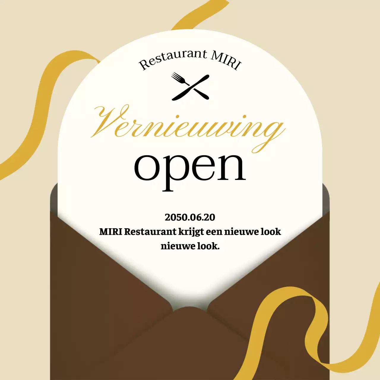 Aankondiging van de heropening van dit luxueuze bruin-gele restaurant