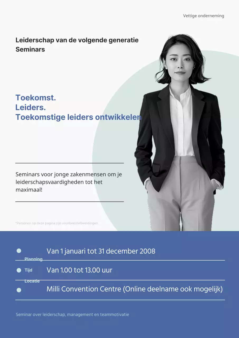 Witte en blauwe flyer voor seminar over slim leiderschap.