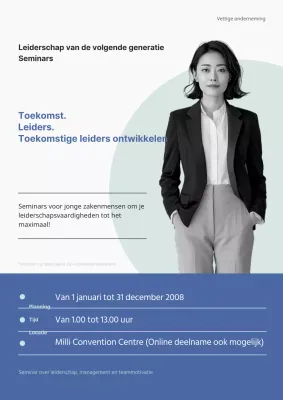 Witte en blauwe flyer voor seminar over slim leiderschap.