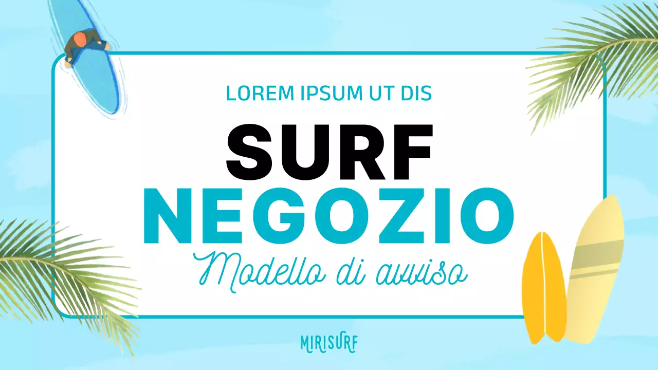 Annuncio per l'inserimento di un negozio di surf con un'atmosfera tropicale in menta e blu