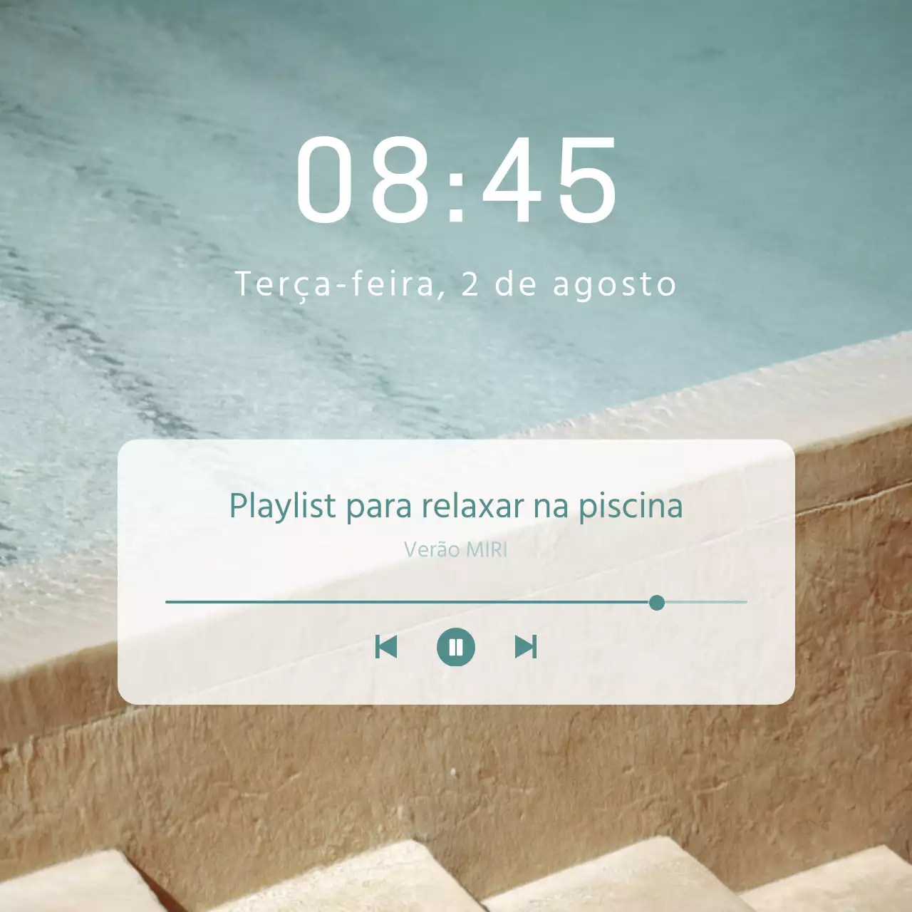 Ecrã de bloqueio minimalista em azul claro e branco com mensagens de música de piscina