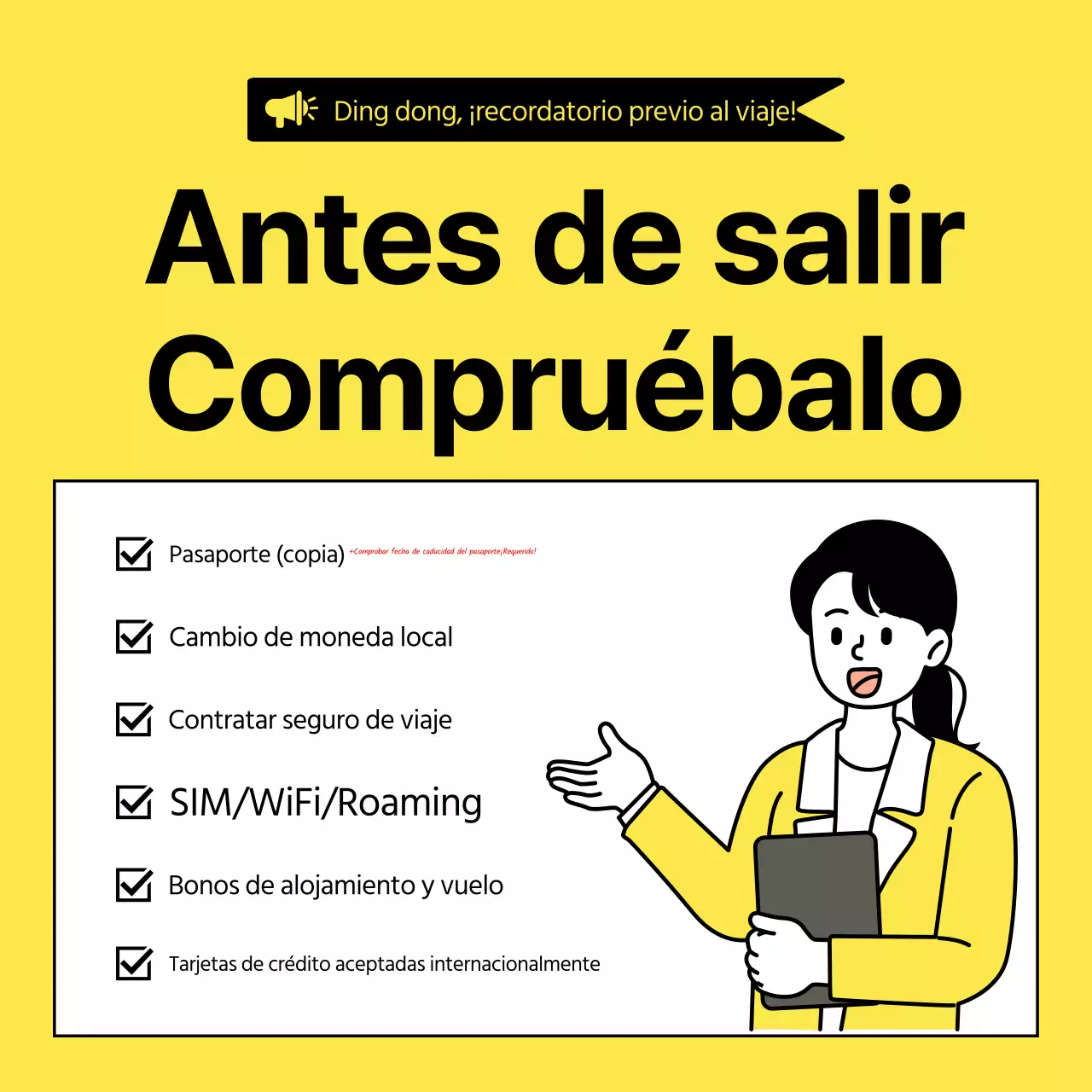 Sobre la sencilla lista de comprobación amarilla y negra para el equipaje internacional