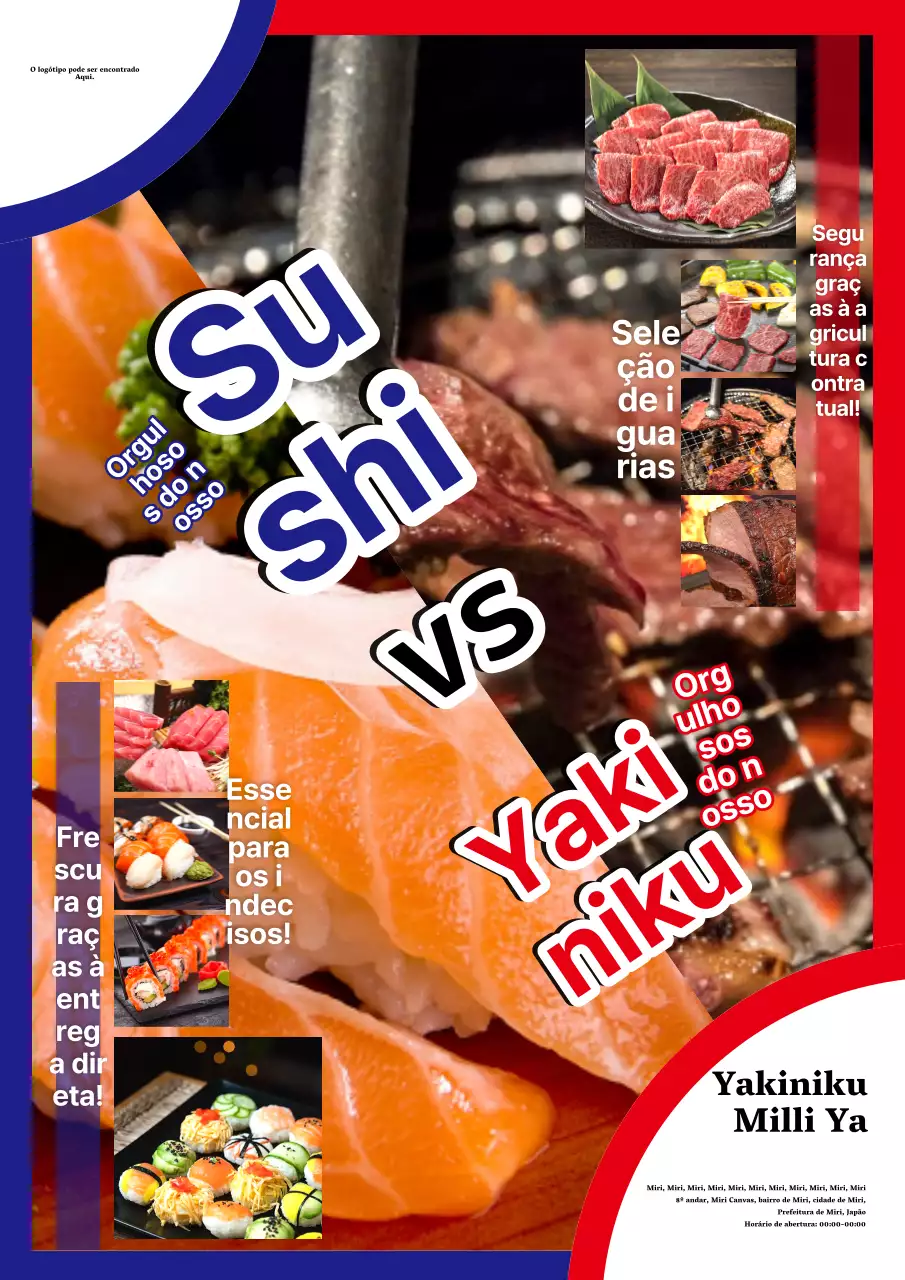 Um simples anúncio vermelho e azul de um restaurante de sushi vs. carne
