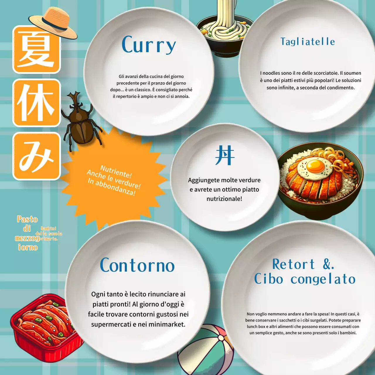 Ecco un semplice pranzo arancione e blu per le vacanze estive della scuola primaria.