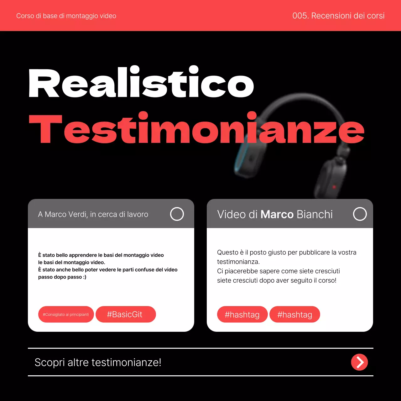 Promuovete un semplice corso di auto-miglioramento di video editing in rosso e nero.