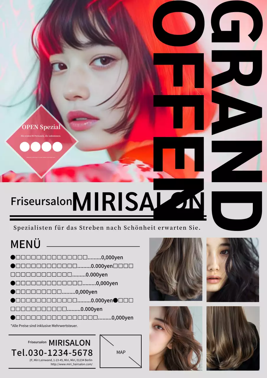 Moderne und einfache Friseurwerbung in Rot und Grau