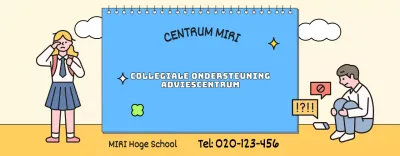 Voor promotie van het counselingcentrum met blauwe en gele studentenillustraties