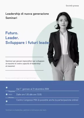 Volantino per seminario di leadership intelligente bianco e blu.
