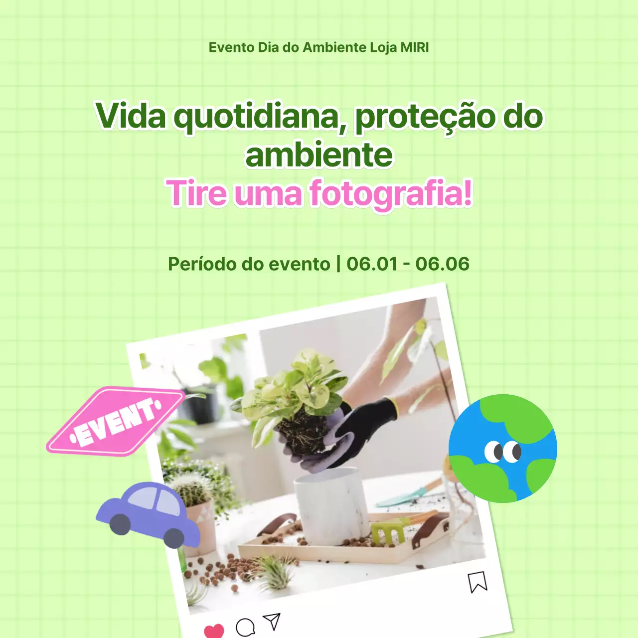 Promover um evento fotográfico giro do Dia do Ambiente em verde e cor-de-rosa