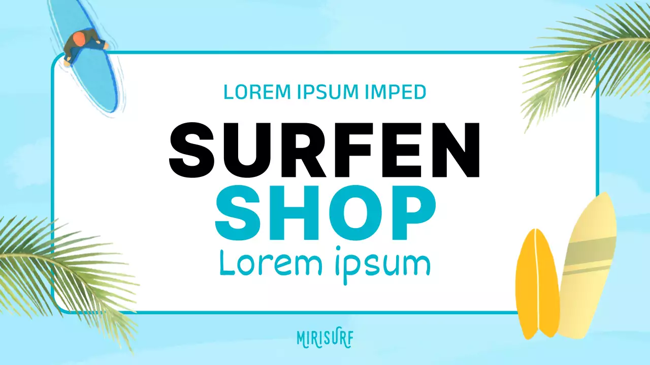 Aankondiging voor de plaatsing van een surfshop met een tropische uitstraling in mint en blauw