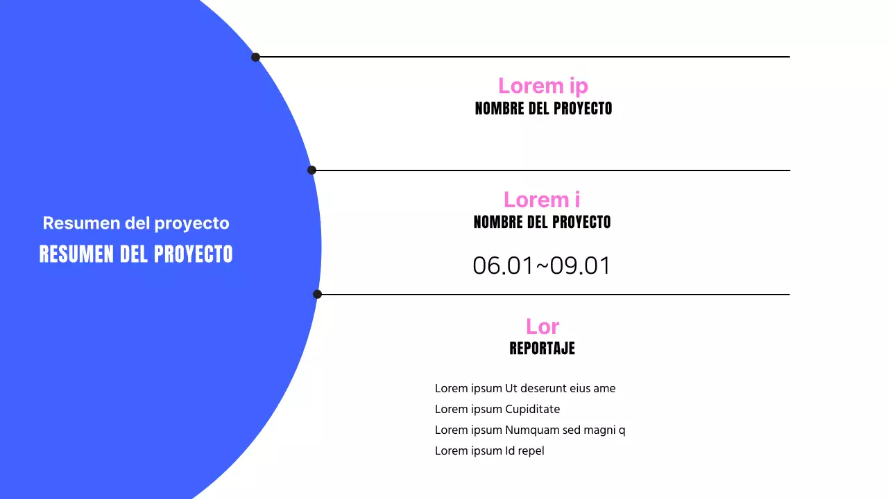 Un sencillo resumen de proyecto de desarrollo web en azul y rosa