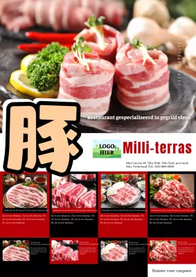 Een eenvoudige witte en rode reclame voor een vleeswarenwinkel