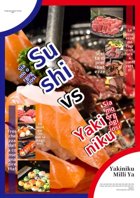 Una semplice pubblicità di un ristorante di sushi e carne in rosso e blu