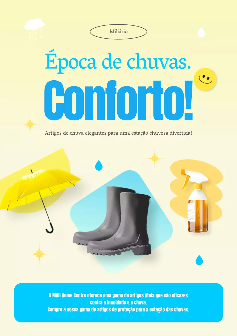 Publicidade de artigos bonitos amarelos e azuis claros para a época das chuvas.