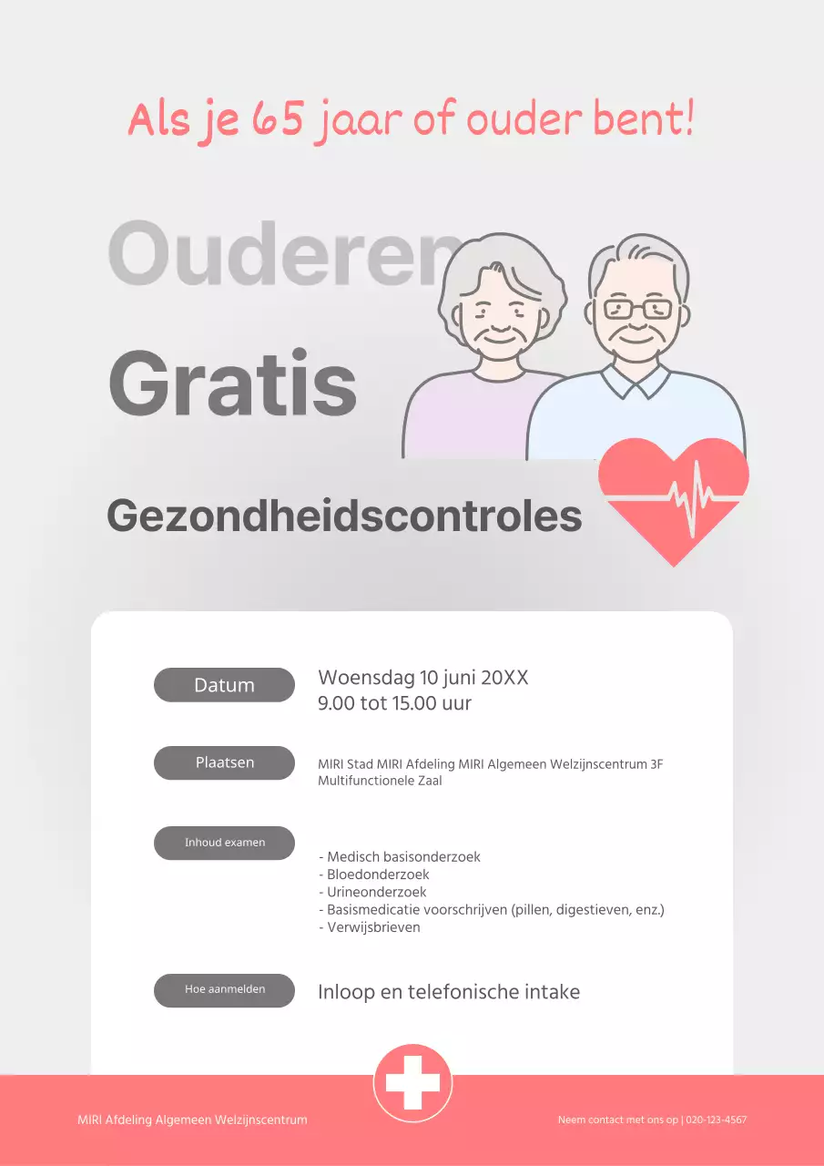 Een eenvoudige grijze en roze aankondiging van gratis gezondheidscontroles voor ouderen