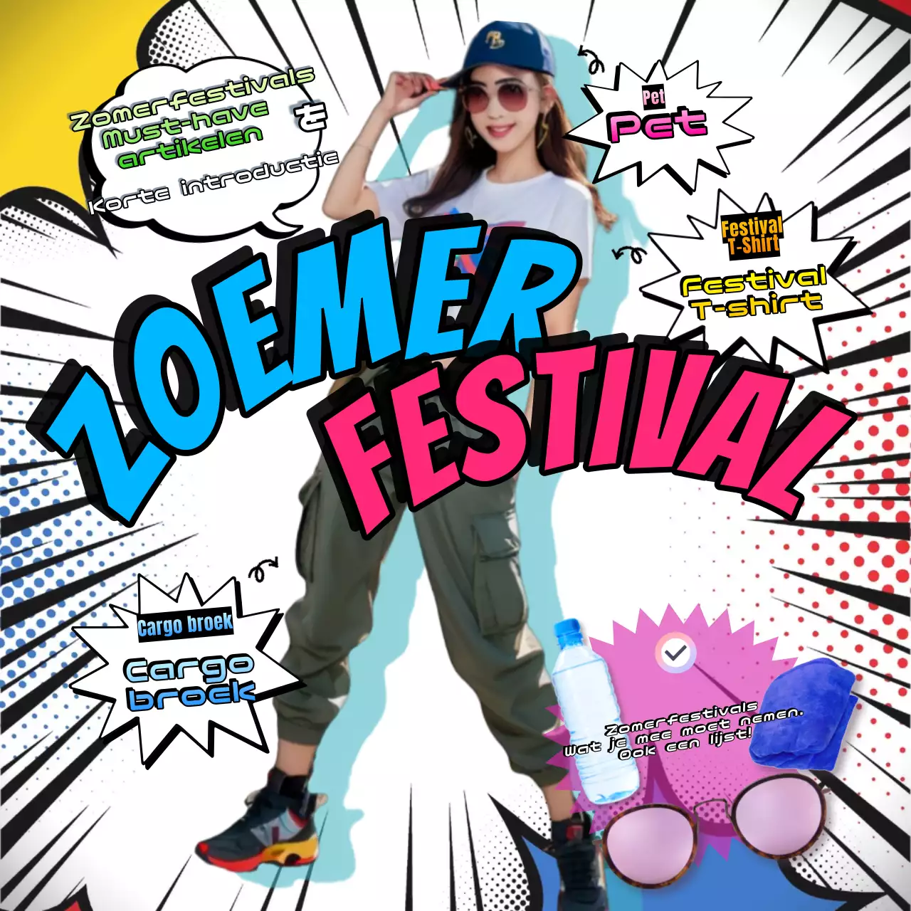 Outfits voor zomerfestivals en wat je moet dragen en meenemen voor posts op sociale netwerken met de nadruk op roze en blauw.