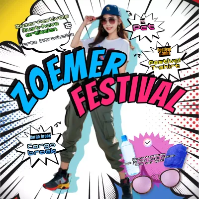 Outfits voor zomerfestivals en wat je moet dragen en meenemen voor posts op sociale netwerken met de nadruk op roze en blauw.