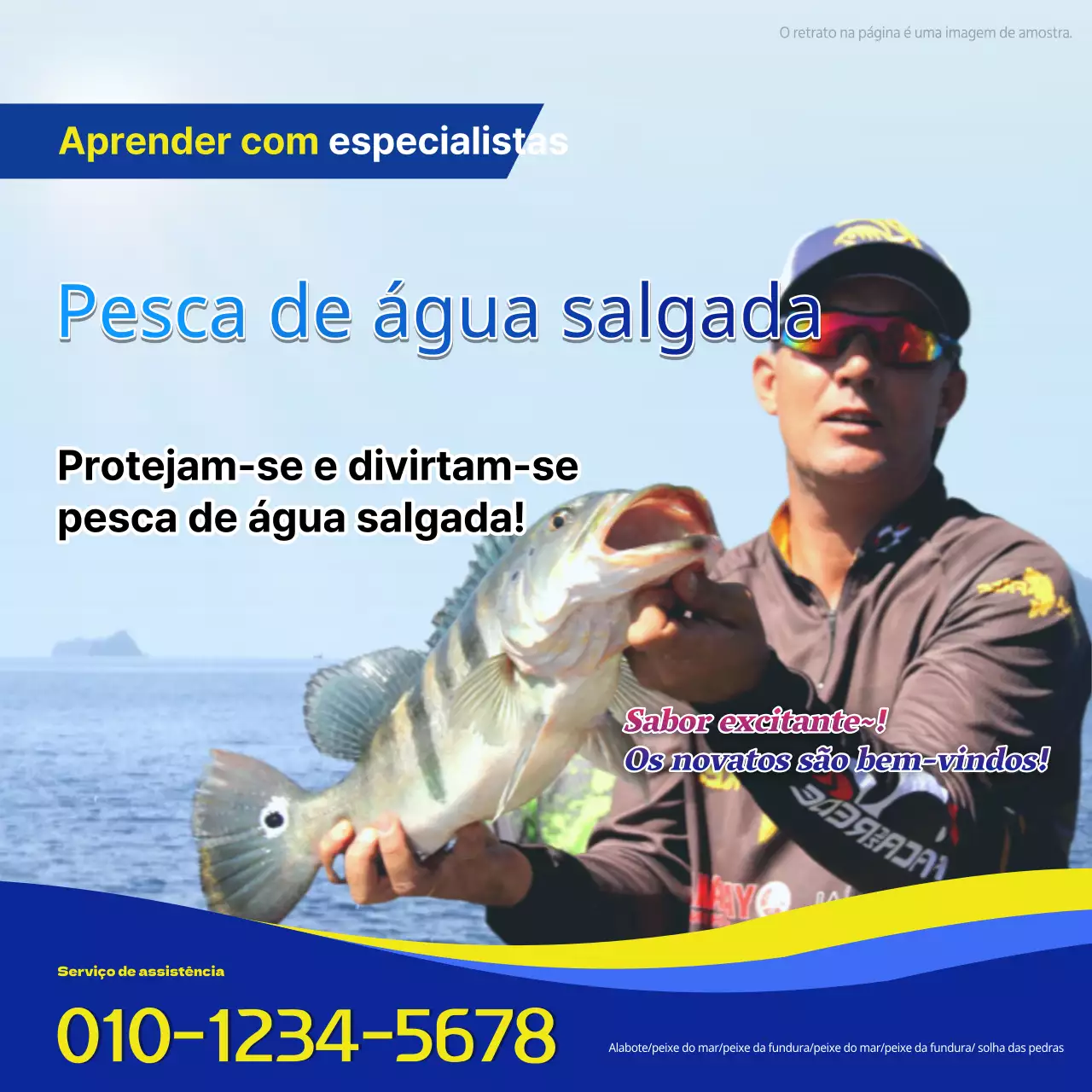Anúncios de pesca marítima em amarelo e azul