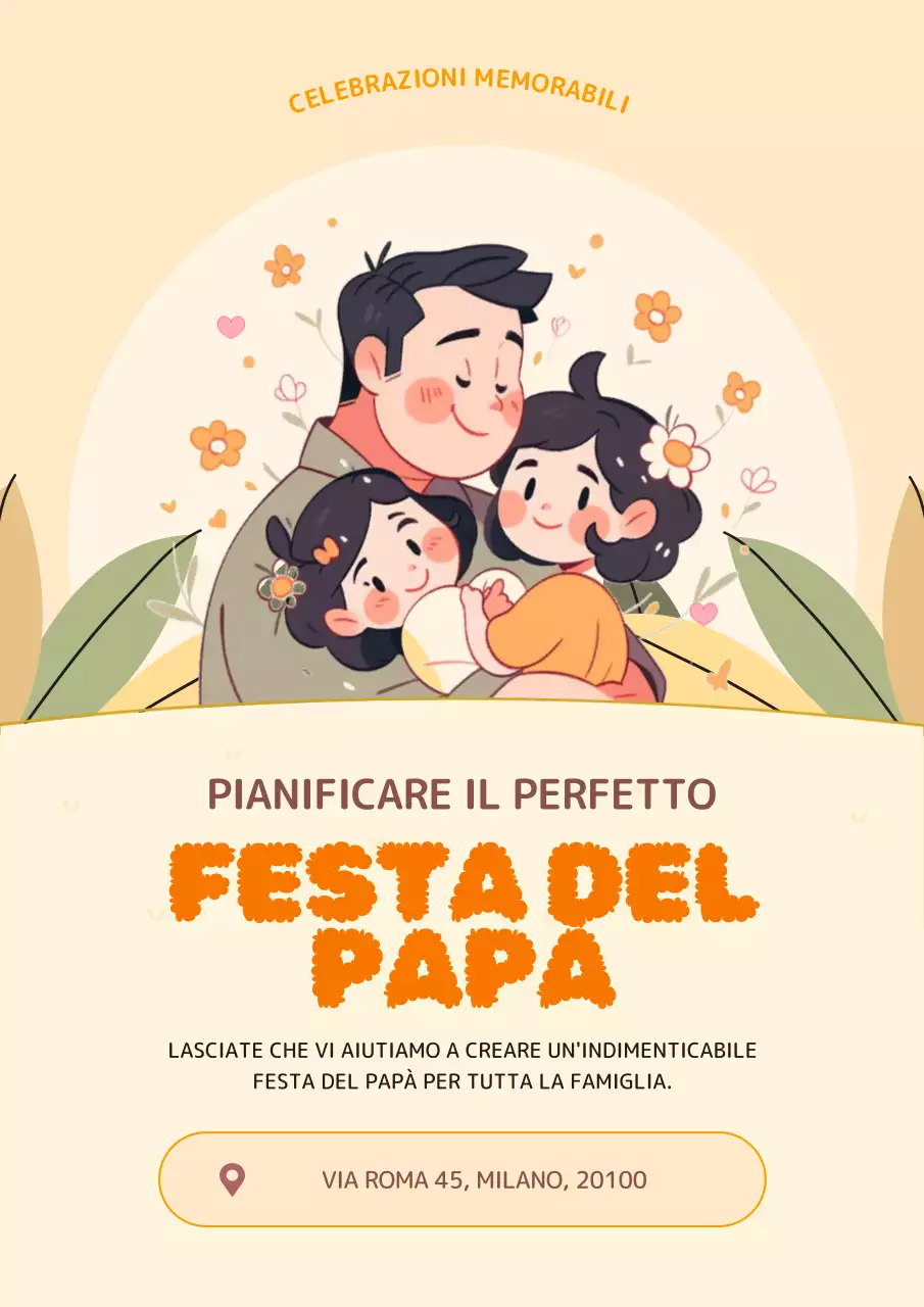 Simpatica pubblicità di un'agenzia di eventi per famiglie in giallo e arancione