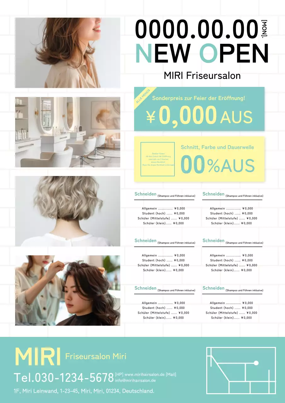 Nette und moderne Friseursalon Schönheitssalon Friseur Anzeige in mint und gelb