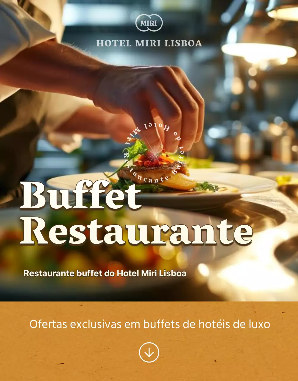 Um luxuoso buffet de hotel em tons de laranja e castanho