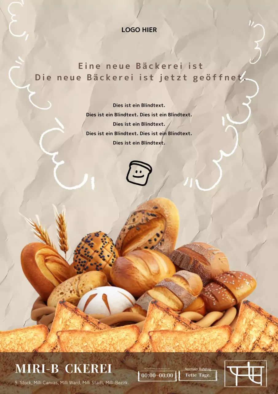 Eine niedliche und einfache Werbung für eine neue Bäckerei mit einem braunen Cartoon-Look.
